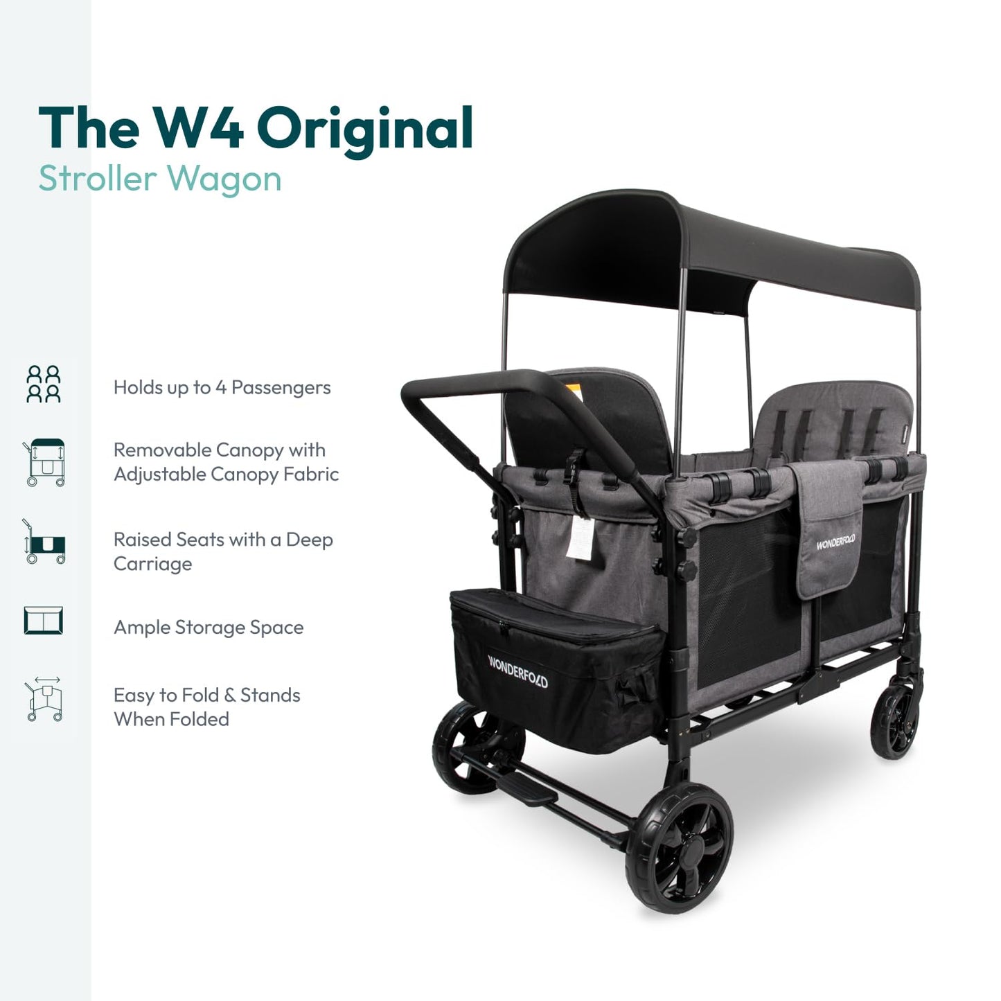 WONDERFOLD W4 Original Stroller Wagon (4 Seater) - Collapsible Wagon Stroller with Seats with 5-Point Harnesses, Easy Access Zipper Door, and Removable Sun Canopy, Black