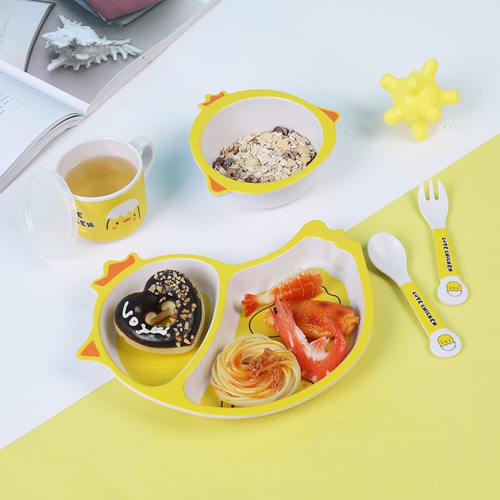 Bamboo Kids Dinnerware Set 5 Pcs Includes Plate Bowl Cup Fork Spoon Perfect for Kids BPA-Free (Little Dinosaur)