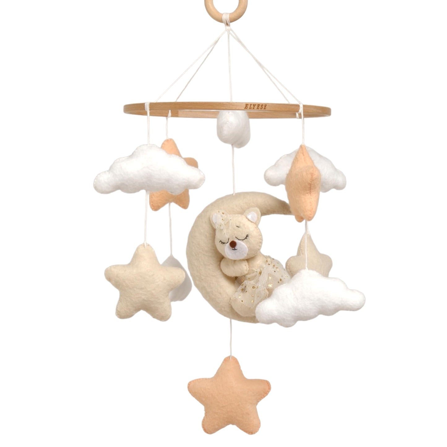 Crib Mobile for Girls, Sleeping Princess Bear Baby Mobile for Crib, Handmade Felt Crib Mobile, Baby Crib Mobile with Cloud and Stars, Nursery Baby Mobile for Bassinet (Cinnamon)