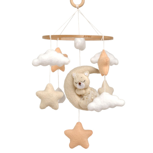 Crib Mobile for Girls, Sleeping Princess Bear Baby Mobile for Crib, Handmade Felt Crib Mobile, Baby Crib Mobile with Cloud and Stars, Nursery Baby Mobile for Bassinet (Cinnamon)