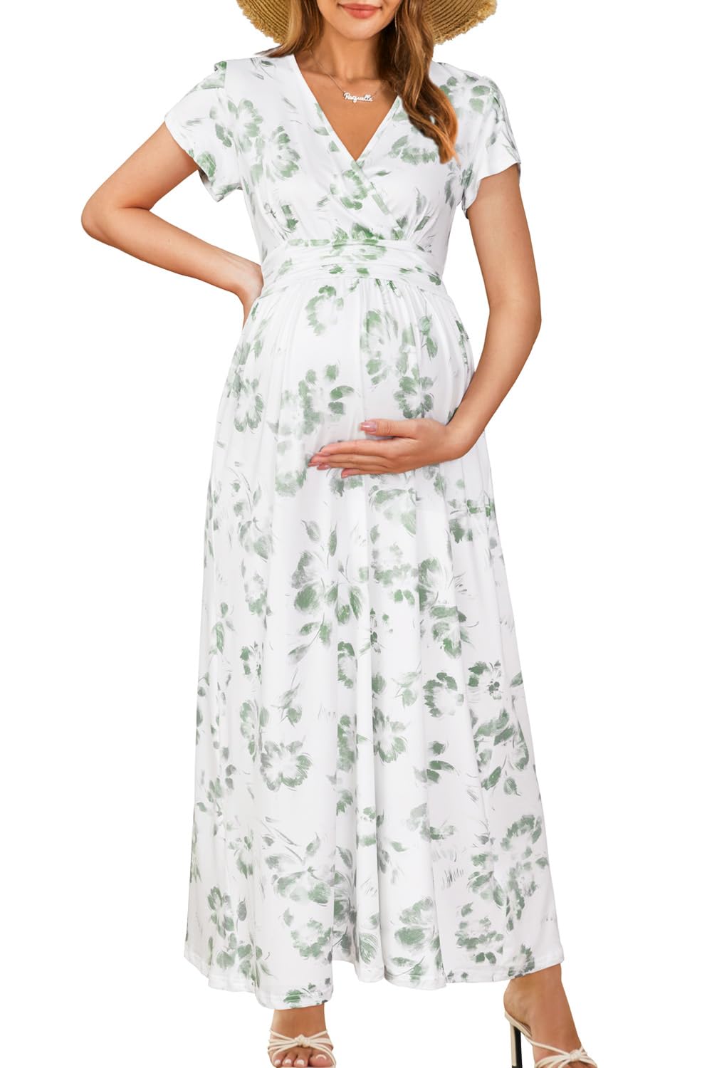 OUGES Maternity Maxi Dress Wrap V Neck Baby Shower Pregnancy Dresses for Photoshoot