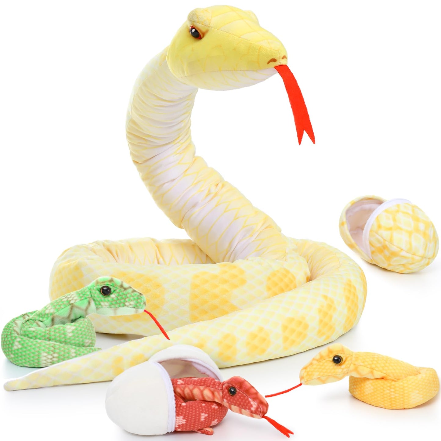 MorisMos Snake Stuffed Animals Plush Toy 120 Inch Giant Snake Plush with Babies Stuffed Snake Toys for Kids Plush Party Decorations Favors Prank Props, 4 Snake Babies, 3 Snake Eggs