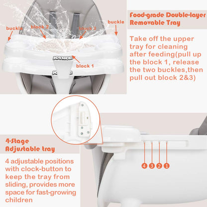 JOYMOR 5-in-1 Convertible Baby High Chair for Babies and Toddlers, Table and Chair Set, Wooden Infant Eating Highchair with Leather Seat Cushion, 4-Position Removeable & Adjustable Tray (Biege)