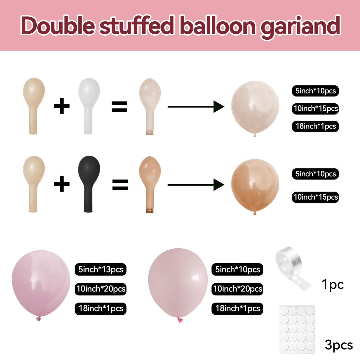 Dusty Pink Brown Balloon Arch Kit, Double Stuffed Blush Brown Cream Beige Nude Tan Pink Balloons Boho Balloon Garland Kit for Birthday Baby Shower Wedding Bridal Shower Gender Reveal Party Decoration