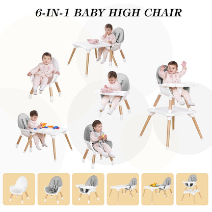 High Chair for Babies & Toddlers, Convertible Wooden 6 in 1 Baby Highchair, Table and Chair Set, Building Block Table, 5-Point Adjustable Seat Belts, 4-Position Removable Tray& PU Seat Cushion (Black)