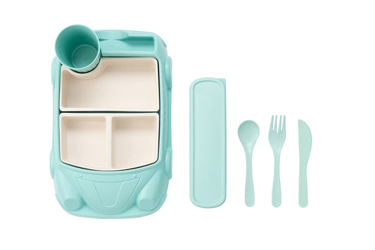 Car Plate 8Pcs/Set Bamboo Children Dinnerware Sets - Dishwasher/Microwave Safe Includes Cutlery, Beautiful Plate, Separable Bowls & Cup Happy MealTime, Light Green, YK-001
