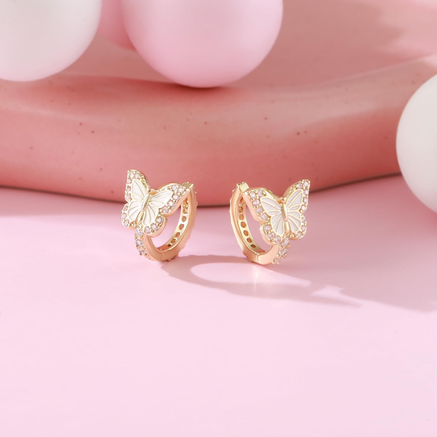 Butterfly Earrings for Women Hypoallergenic CZ 14K Gold Plated Butterflies Huggie Hoop Earring Small Tiny Hoops