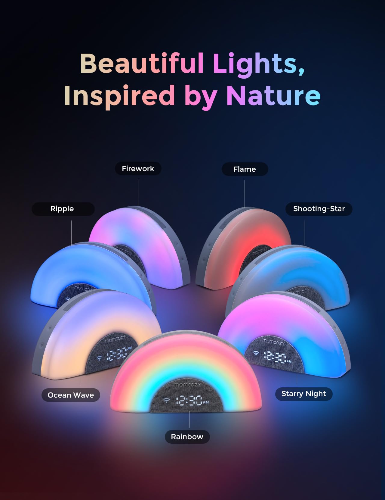 Momcozy DreamSync Tech™ Baby Sound Machine, Night Light, APP Control, Routine Builder, White Noise Machine with 34 Soothing Sounds, Wake Up Light Sunrise Alarm Clock, Wireless Speaker