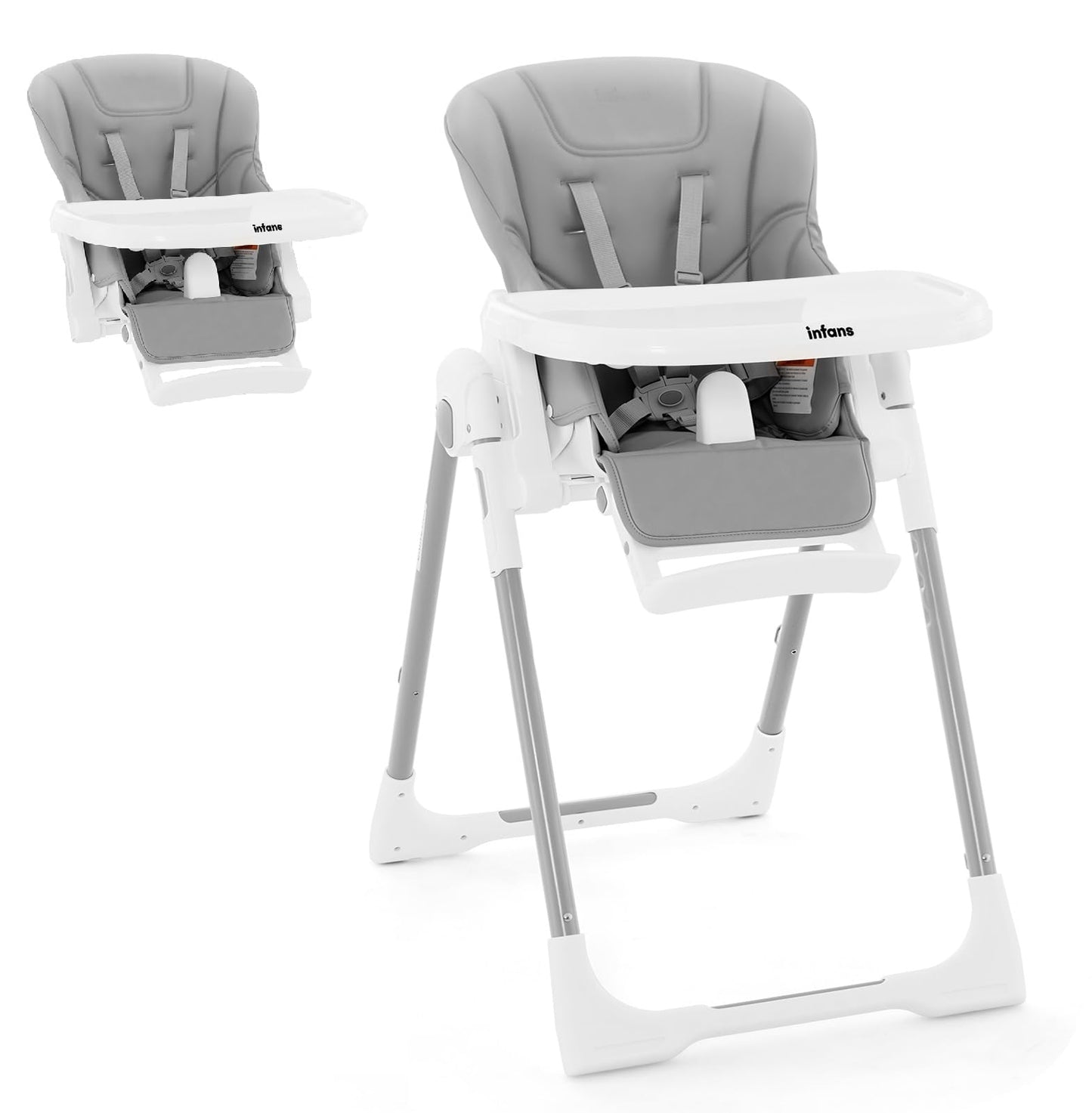 INFANS High Chair for Babies & Toddlers, Foldable Highchair with Multiple Adjustable Backrest, Footrest and Seat Height, Removable Tray, Detachable PU Leather Cushion, Built-in Rear Wheels (Black)