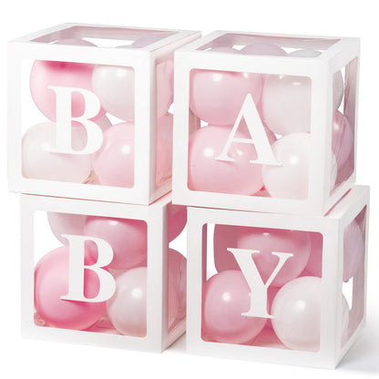 Baby Boxes with Letters for Baby Shower Decorations, Gender Reveal with 4 Pastel Balloon Boxes