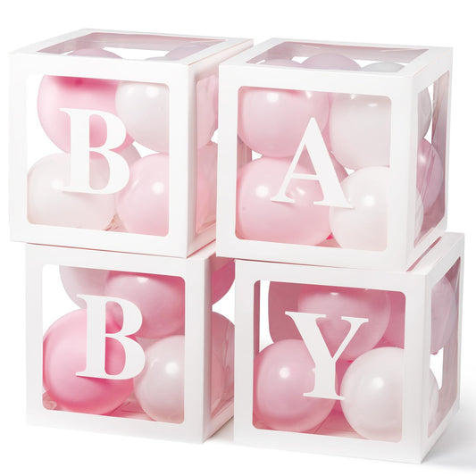 Baby Boxes with Letters for Baby Shower Decorations, Gender Reveal with 4 Pastel Balloon Boxes