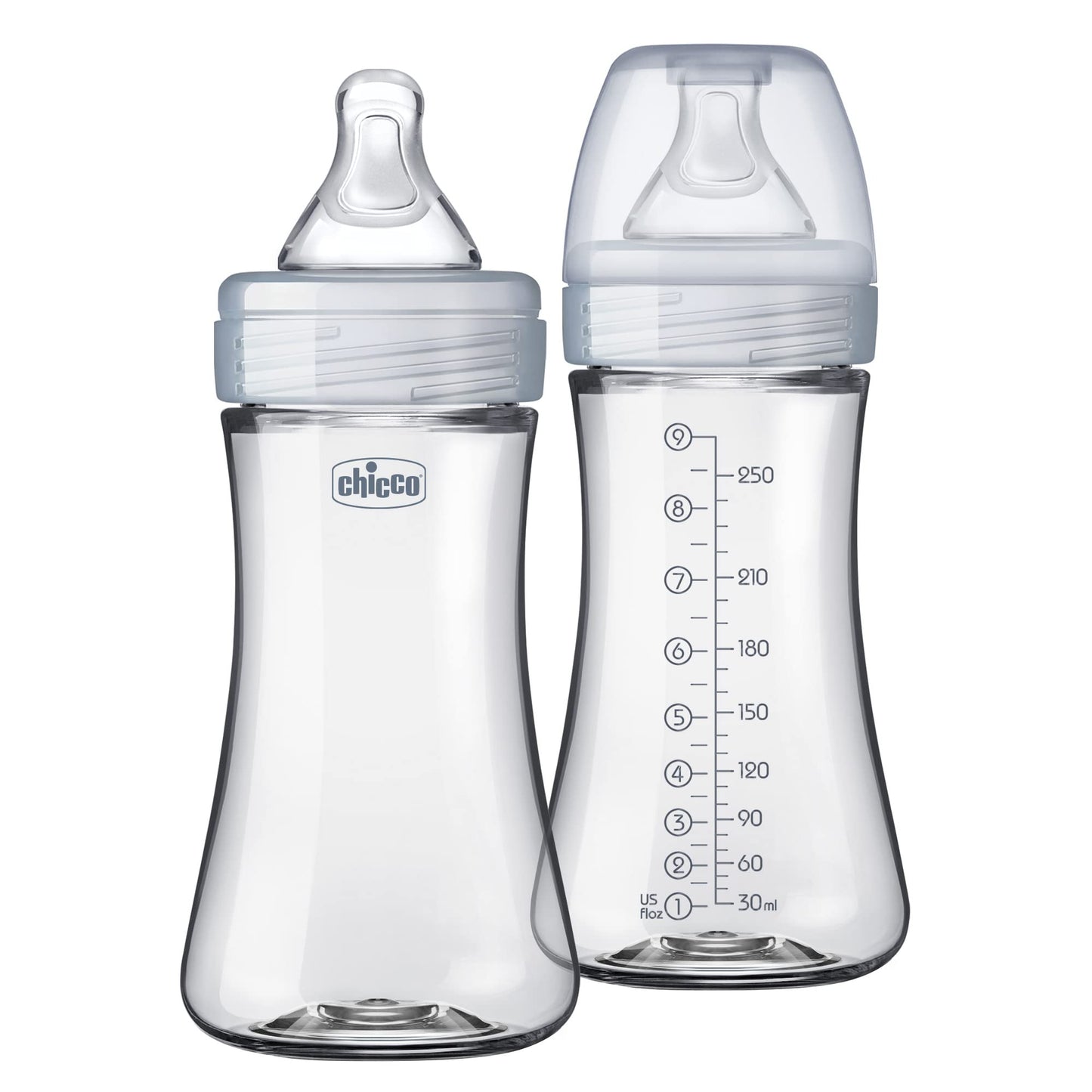 Chicco Duo 5oz. Hybrid Baby Bottle with Invinci-Glass Inside and Plastic Outside | Dishwasher, Bottle Warmer, and Electric Sterilizer Safe | Intui-Latch Nipple | Clear/Grey, 2pk