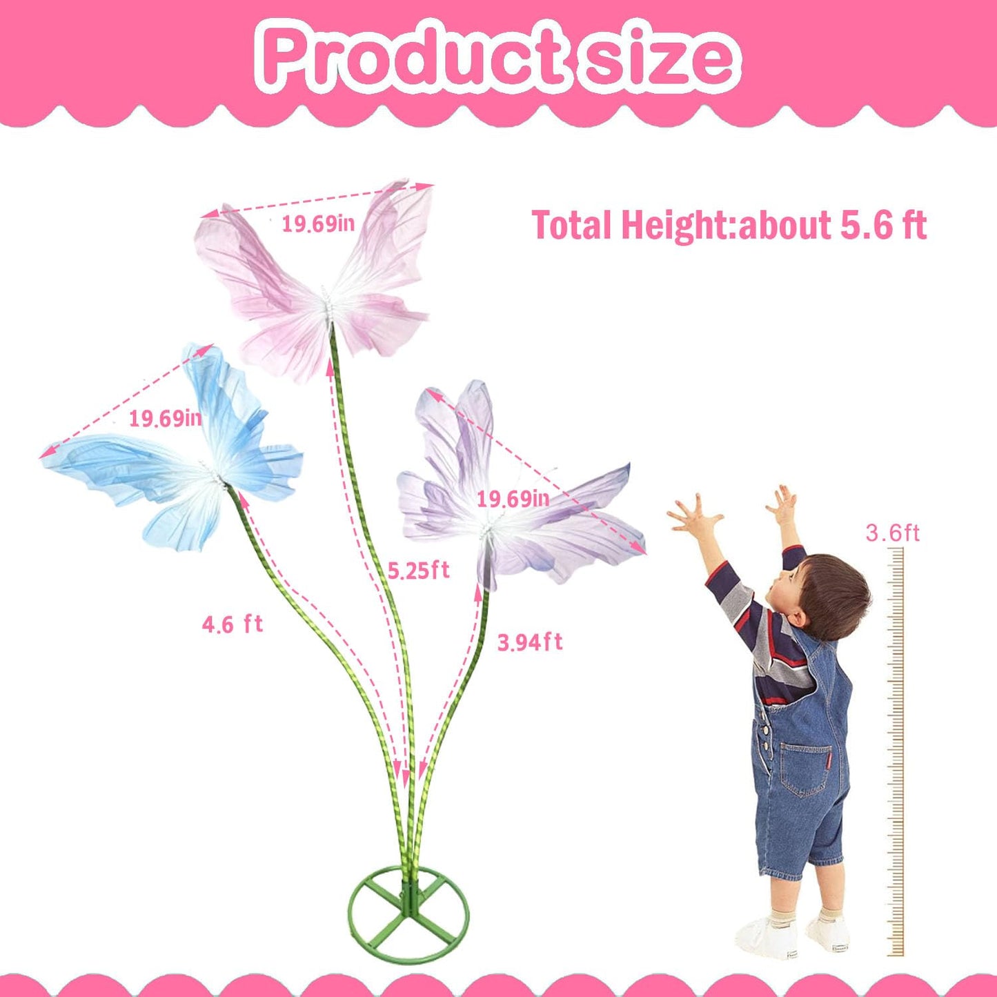 3Pcs Giant Silk Butterfly Decorations, Large Butterflys Decoration with Standing Base, for Wedding Ceremony Birthday Party Baby Shower Church Backdrop Decoration Home Decor (Pink)