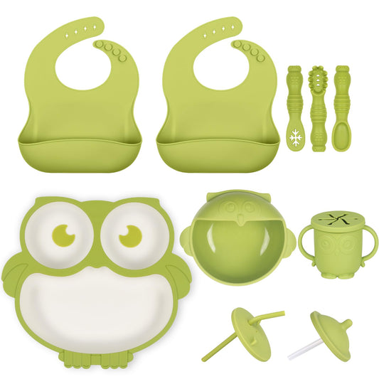 Silicone Baby Feeding Set 11 Piece, Baby Led Weaning Feeding Supplies, Strong Suction Bowl & Suction Plate, Adjustable Bibs, 4-in-1 Cup, Silicone Spoon & Fork, Food-grade Silicone (Green)