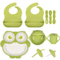 Silicone Baby Feeding Set 11 Piece, Baby Led Weaning Feeding Supplies, Strong Suction Bowl & Suction Plate, Adjustable Bibs, 4-in-1 Cup, Silicone Spoon & Fork, Food-grade Silicone (Green)