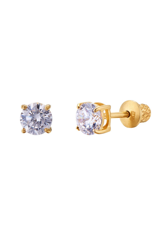 Earrings for Girls, 18k Yellow Gold Plated CZ Hypoallergenic Stud Earrings - Screw On Safety Backs, Stainless Steel Posts for Kids, Toddlers, Teens