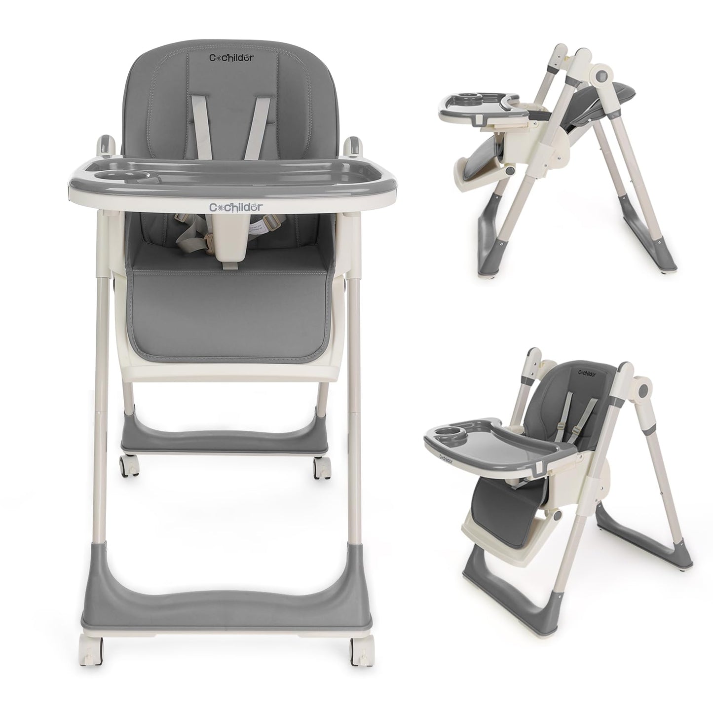 3-in-1 Foldable High Chair for Babies & Toddlers – Adjustable Height, Reclining Seat, 5-Point Safety Harness, Removable Tray, Lockable Wheels and Washable Cushion, Beige