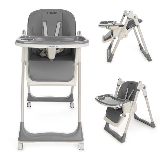 3-in-1 Foldable High Chair for Babies & Toddlers – Adjustable Height, Reclining Seat, 5-Point Safety Harness, Removable Tray, Lockable Wheels and Washable Cushion, Beige