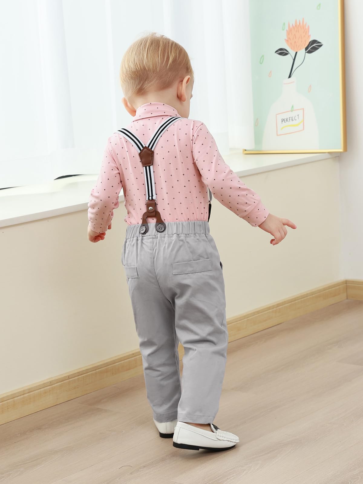 ZOEREA Baby Boy Suit 0-24M Gentleman Outfit Clothes Set Infant Long Sleeve Dress Shirt+Suspender Pants+Bowtie+Beret Hat