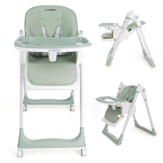 3-in-1 Foldable High Chair for Babies & Toddlers – Adjustable Height, Reclining Seat, 5-Point Safety Harness, Removable Tray, Lockable Wheels and Washable Cushion, Beige