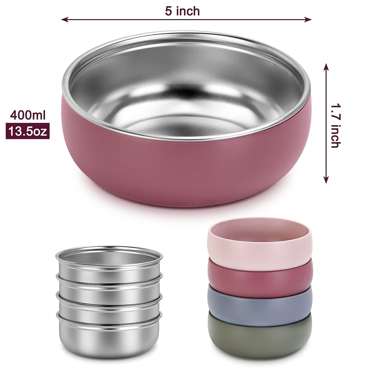 ShineMe 4 pack Baby Bowls, 5 Inches Wide Stainless Steel Bowls for Kids with Removable Colorful Silicone Sleeve, Unbreakable Toddler Bowls for Soup, Cereal, Yogurt, Snacks...