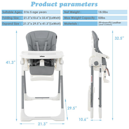 INFANS High Chair for Babies & Toddlers, Foldable Highchair with Multiple Adjustable Backrest, Footrest and Seat Height, Removable Tray, Detachable PU Leather Cushion, Built-in Rear Wheels (Black)