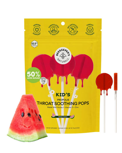 Kids Throat Soothing Lollipops by Beekeeper's Naturals - Doctor Formulated Immune Support, Vitamin D & Honey, Under 2g Sugar, Clean Ingredients,15 ct