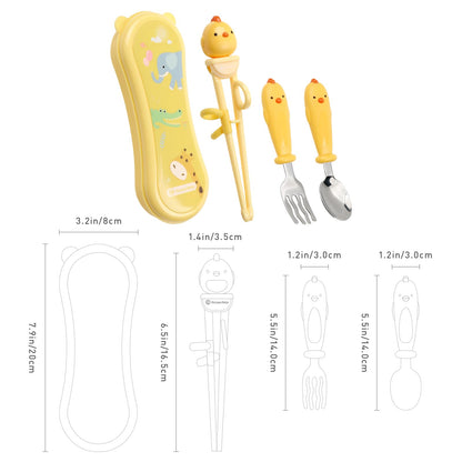 Toddler Utensils Stainless Steel Kids Silverware Set with Kids Spoons and Forks Set and Kids Chopsticks for Self Feeding Learning with Portable Case