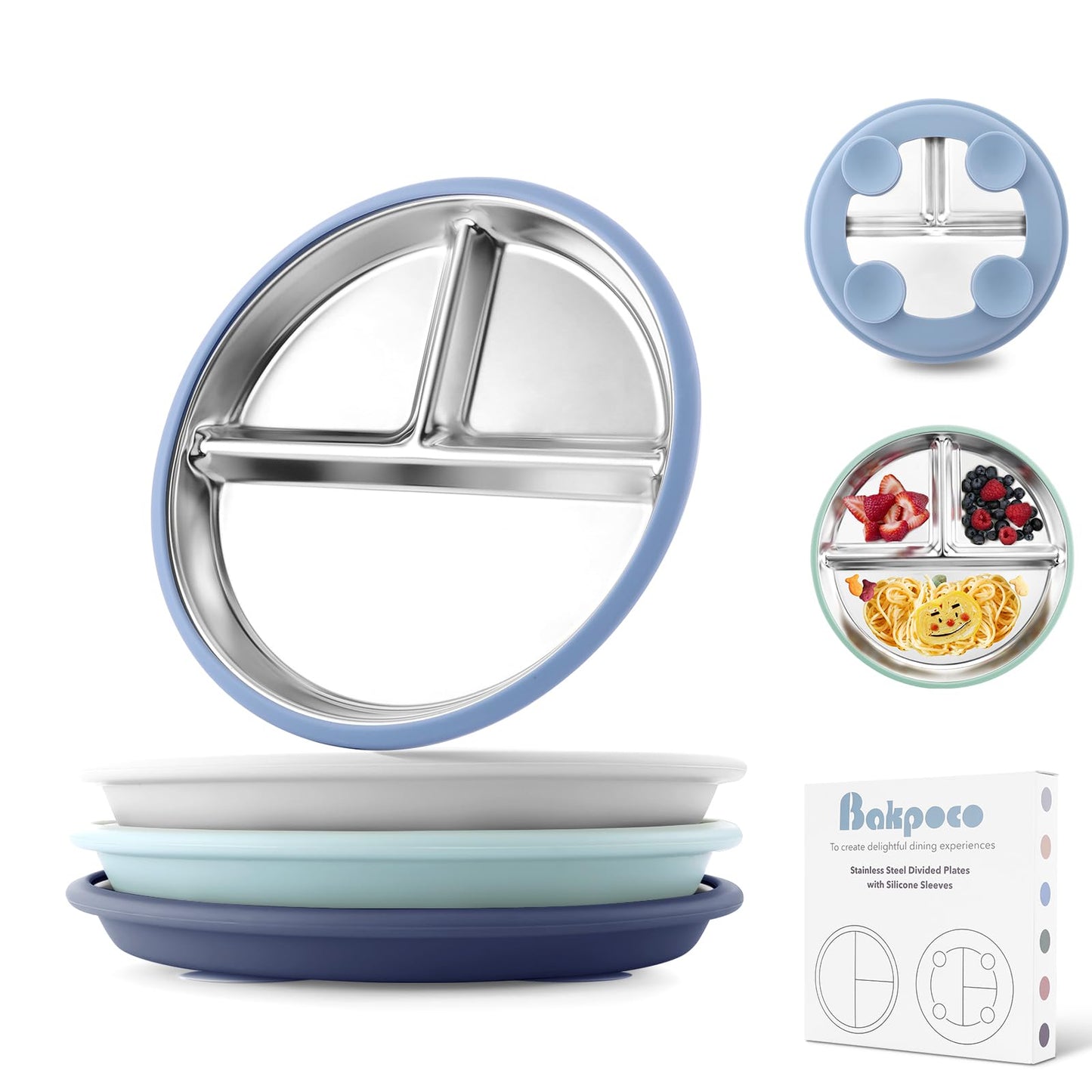 Stainless Steel Baby Plate with Suction, 9” Divided Toddler Plates with Removable Silicone Sleeves for Kids, Non-Toxic Non-Slip Unbreakable Dishwasher Safe Dinnerware Set of 2, Pink & Beige