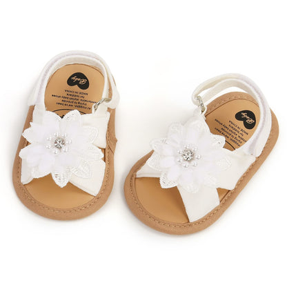 Baby Girls Princess Sandals, Big Rhinestone Flower Open Totes Anti-Skid Soft Sole Walking Shoes, Ankle Stick-On Summer Foot Wear
