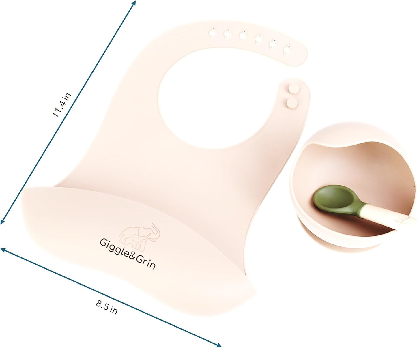 Giggle&Grin Baby Feast Silicone Baby feeding set/Silicone Feeding Bowl/Silicone Bib/Wooden Spoon with Silicone 6-12 Months - White Set with Green Spoon