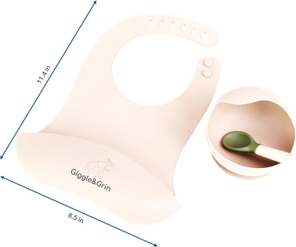 Giggle&Grin Baby Feast Silicone Baby feeding set/Silicone Feeding Bowl/Silicone Bib/Wooden Spoon with Silicone 6-12 Months - White Set with Green Spoon