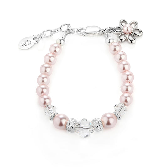 Cherished Moments Baby or Children's Sterling Silver Flower Girl Bracelet with High-End Simulated Pearls with Daisy Charm for Infants, Toddlers, Kids, or Little Girls