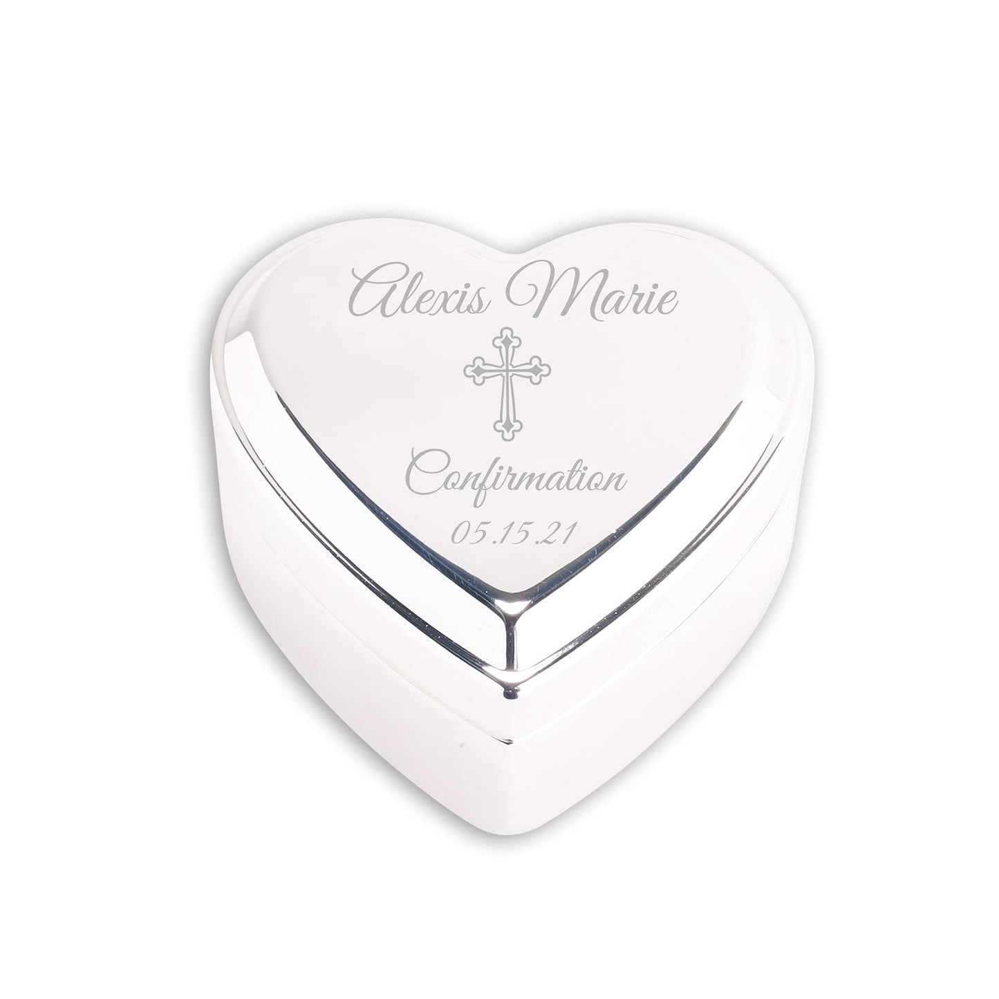Cherished Moments Personalized Heart Jewelry Keepsake Box with Custom Engraved Cross and Name for Baby Baptism Gift for Girls, Silver Toned