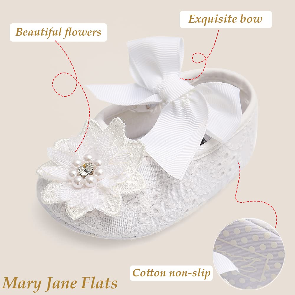 Baby Girls Mary Jane Flats with Bowknot Flowers Soft Newborn Infant First Walkers Crib Shoes Wedding Party Christmas Dress Shoes