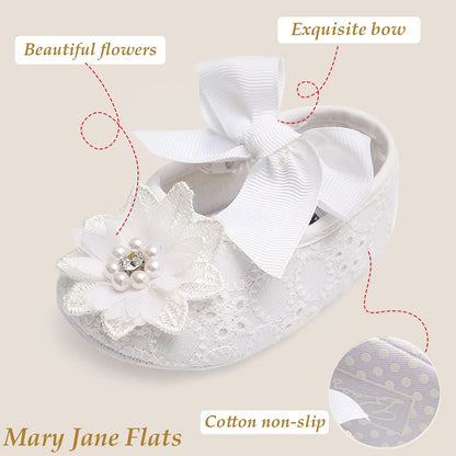 Baby Girls Mary Jane Flats with Bowknot Flowers Soft Newborn Infant First Walkers Crib Shoes Wedding Party Christmas Dress Shoes