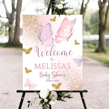 Printable Sign, Butterfly Baby Shower Welcome Sign, 12 x 18 inches to 24 x 36 inches, Corrugated Plastic, Romantic Style