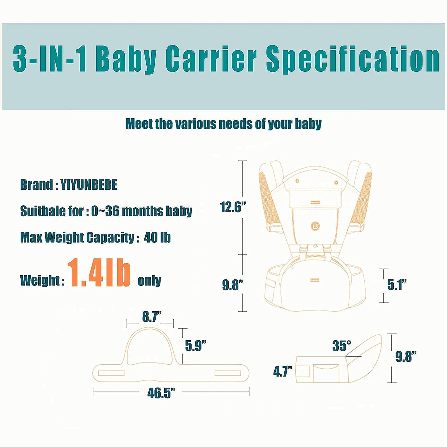 Baby Carrier, Ergonomic 6-in-1 Baby Carrier with Hip Seat for Newborn Infant Toddler, Adjustable Detachable Baby Holder Carrier for Dad Mom