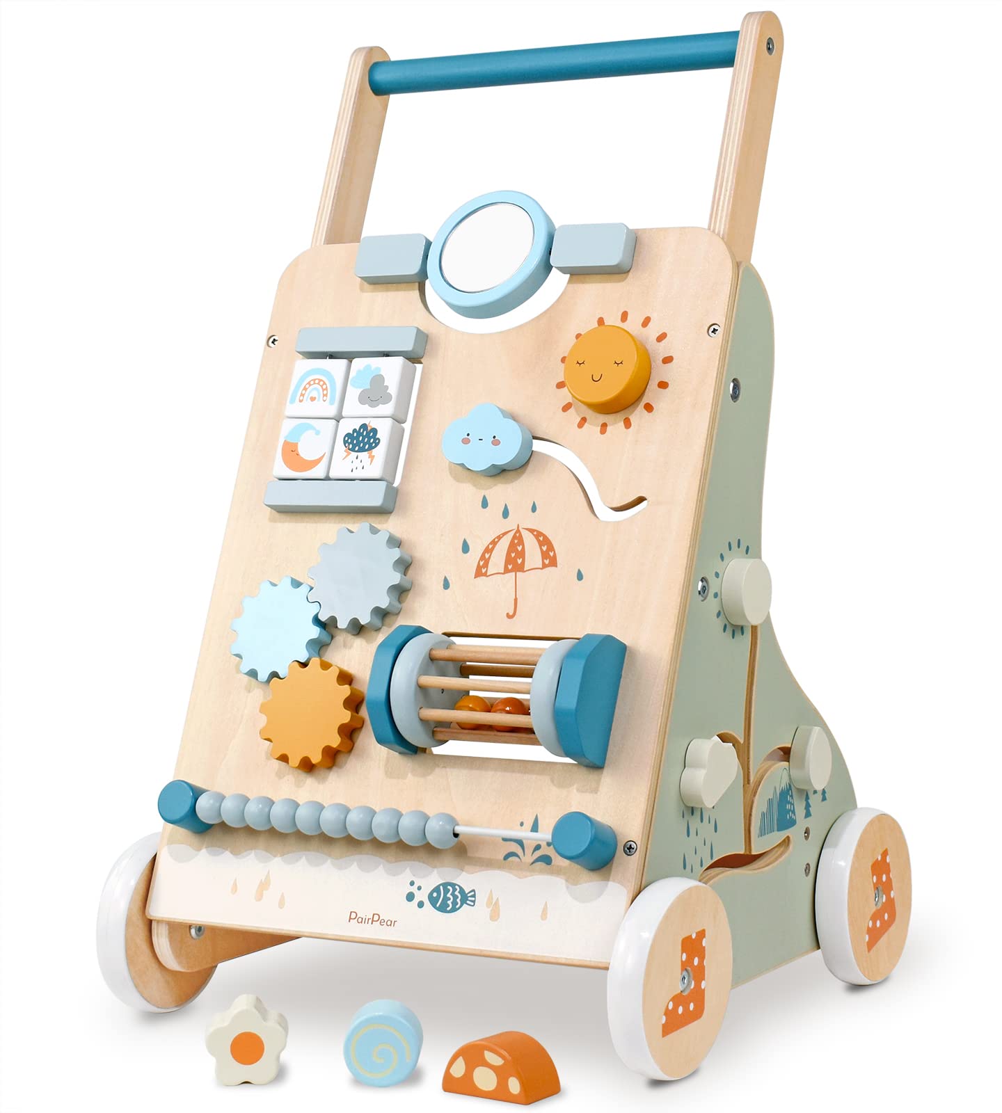 PairPear Wooden Baby Walker, Baby Push Walker, Montessori Walker Toy with Activity Center for Girls Boys, Adjustable Speed Baby Walker for Kids Development