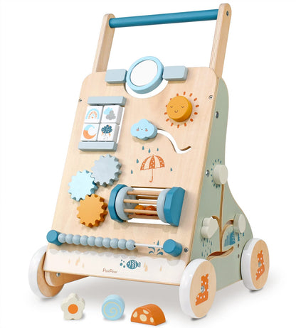 PairPear Wooden Baby Walker, Baby Push Walker, Montessori Walker Toy with Activity Center for Girls Boys, Adjustable Speed Baby Walker for Kids Development