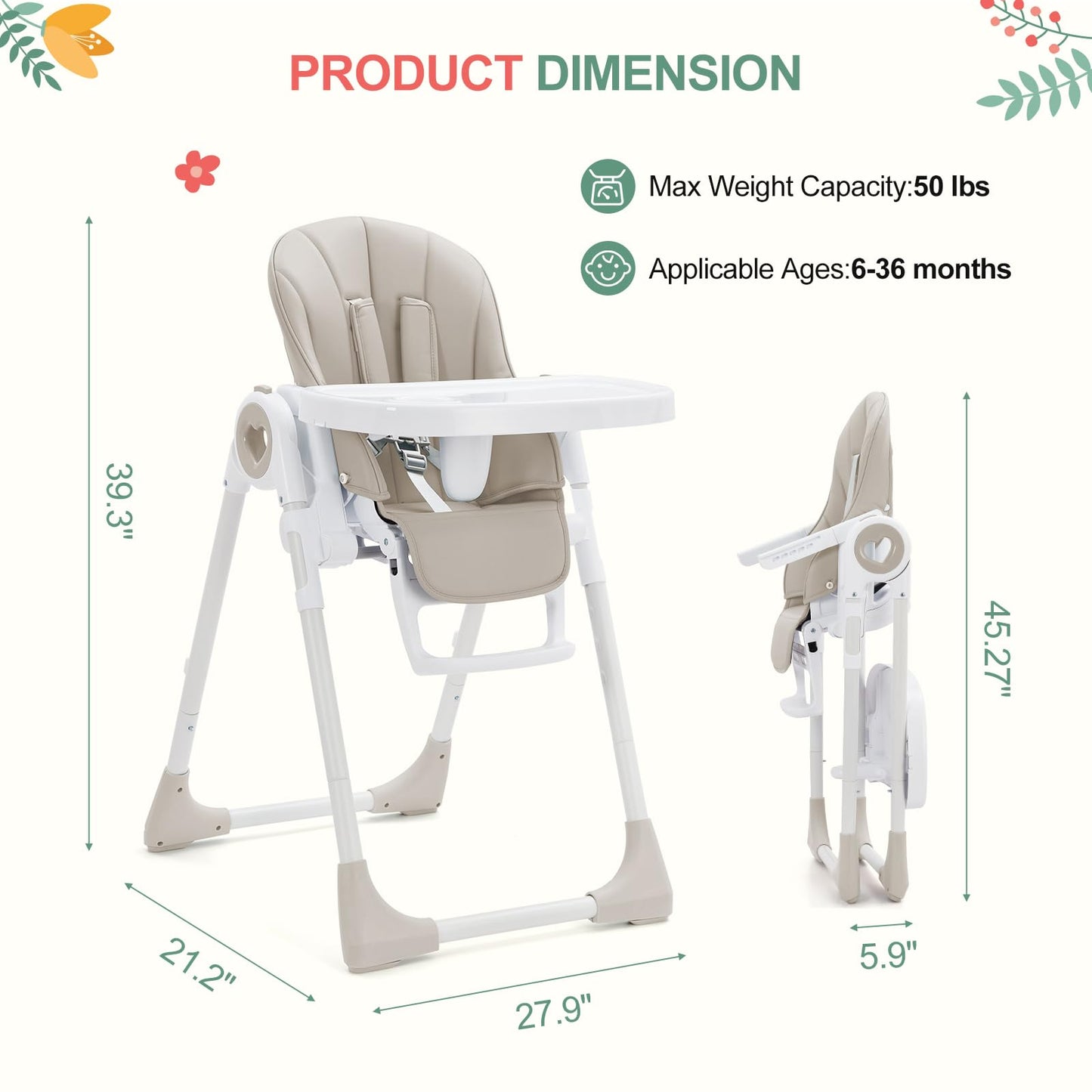 Foldable Baby High Chair with Adjustable Height, 5 Recline Positions & Removable Double Tray - Easy Clean, Space-Saving Infant Highchair for Toddlers, 5-Point Harness & Compact Design