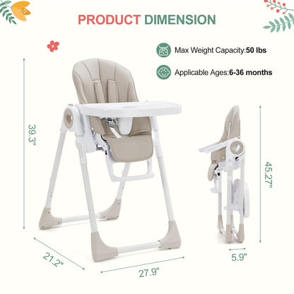 Foldable Baby High Chair with Adjustable Height, 5 Recline Positions & Removable Double Tray - Easy Clean, Space-Saving Infant Highchair for Toddlers, 5-Point Harness & Compact Design