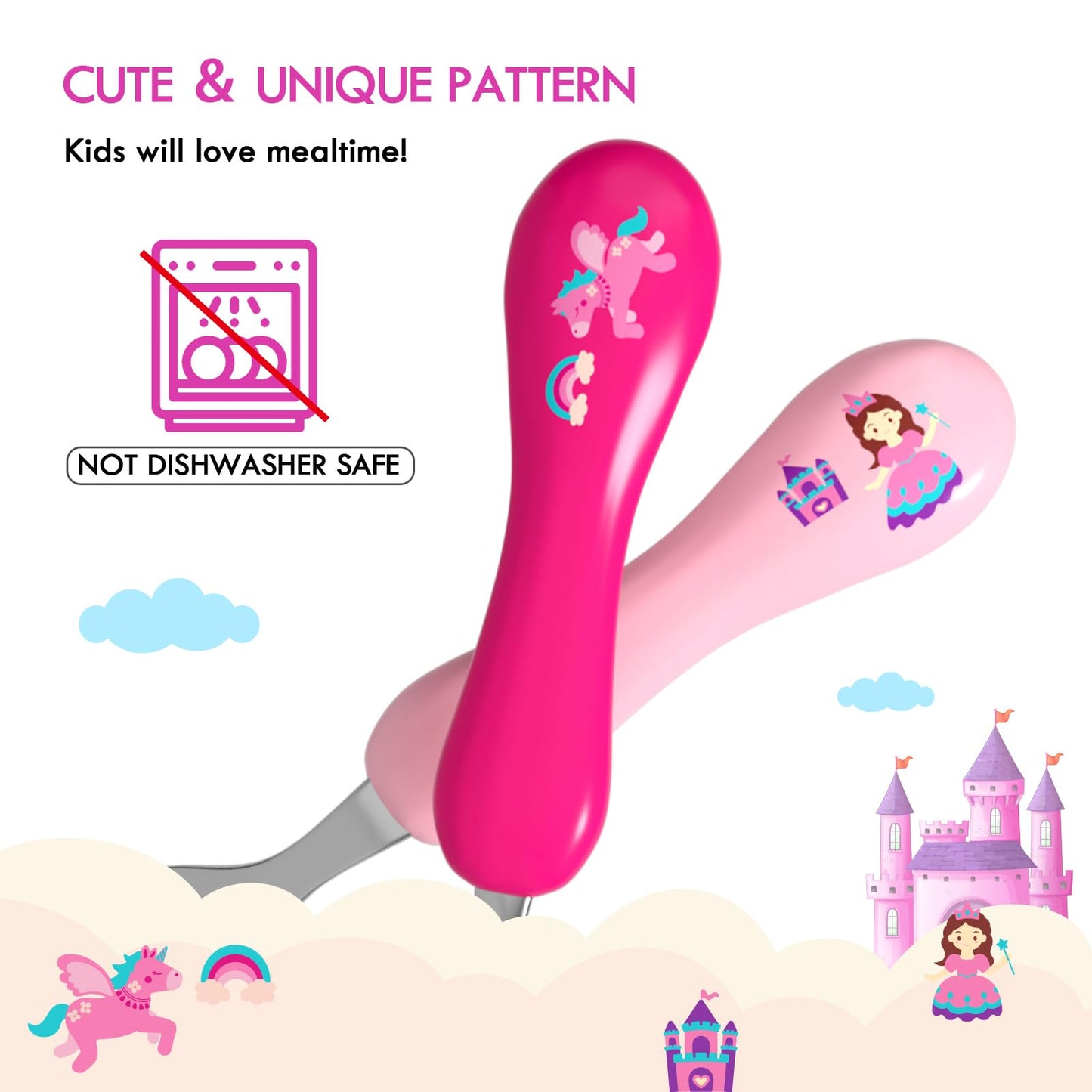 Lehoo Castle Kids Utensils, 6pcs Silverware Set, Safe Stainless Steel Toddler Fork and Spoon, Includes 3 Spoons and 3 Forks (Pink)