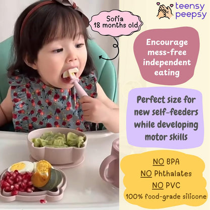 Bear Silicone Baby Bowl Suction Baby Spoon and Fork for Babies 6 months+ Suction Bowls for Baby Utensils 6-12M+ BLW Essentials (Peach Lilac)