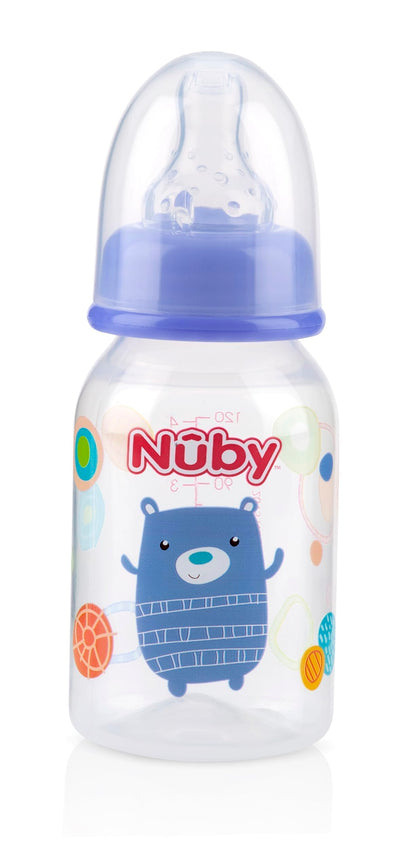 Nuby Printed Non-Drip Bottle, 4 Ounce, 1 Pack of 1 Bottle, Colors May Vary
