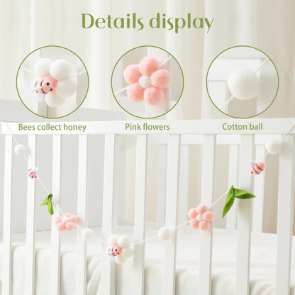 OESSUF Baby Mobile for Crib, Crib Nursery Mobile for Boys Girls, Boho Bee Flower Nursery Decor Soothe Toy Baby Shower Set for Infant Bedroom Hanging Decoration Toy, Pink