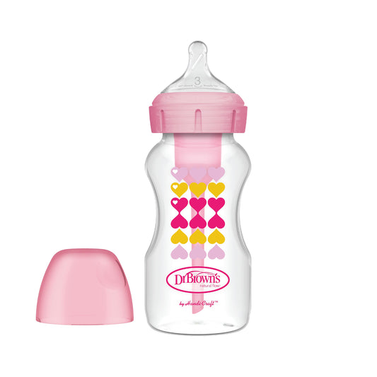 Dr. Brown’s Anti-Colic Options+ Wide-Neck Sippy Bottle Starter Kit, 9oz/270mL, with Level 3 Medium-Fast Flow Nipple and Soft 100% Silicone Sippy Spout, Pink, BPA Free, 6m+