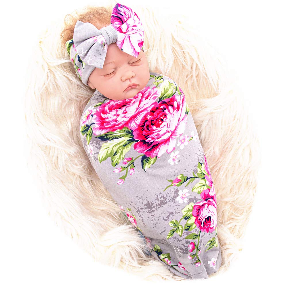 Galabloomer Newborn Receiving Blanket Headband Set Baby Flower Swaddle (vintage flower)