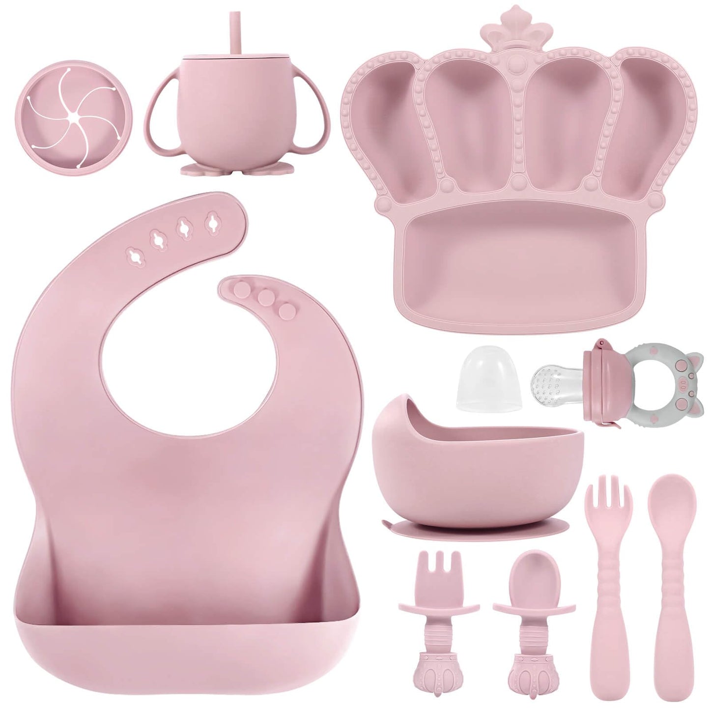 Silicone Baby Feeding Set 10 Pcs Baby Led Weaning Supplies Suction Bowl Divided Plate Baby Bibs Fruit Feeder Baby Spoons Forks Sippy Cup Toddler Utensil Sets Baby Essentials for Newborn Gift