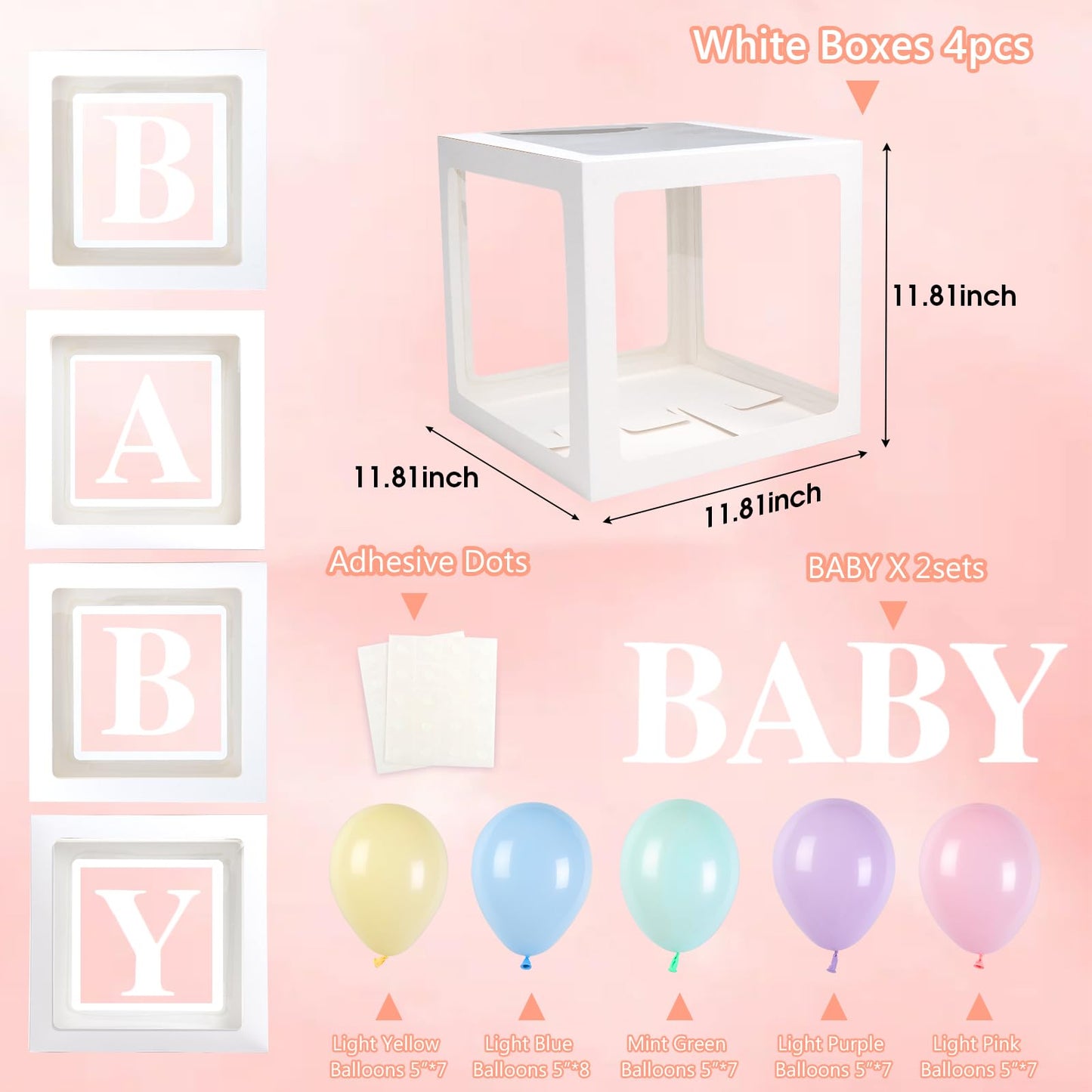 Baby Boxes with Letters for Baby Shower Decorations, Gender Reveal with 4 Pastel Balloon Boxes